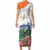 India 80th Independence Day Short Sleeve Bodycon Dress India Gate Peacock Lotus Heritage Landmarks