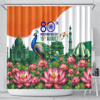 India 80th Independence Day Shower Curtain India Gate Peacock Lotus Heritage Landmarks
