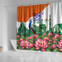 India 80th Independence Day Shower Curtain India Gate Peacock Lotus Heritage Landmarks