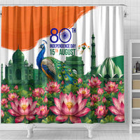 India 80th Independence Day Shower Curtain India Gate Peacock Lotus Heritage Landmarks