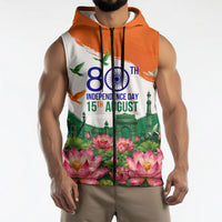 India 80th Independence Day Sleeveless Zip Hoodie India Gate Peacock Lotus Heritage Landmarks