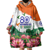 India 80th Independence Day Wearable Blanket Hoodie India Gate Peacock Lotus Heritage Landmarks