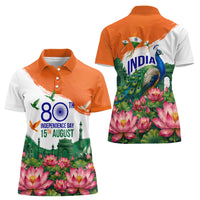 India 80th Independence Day Women Polo Shirt India Gate Peacock Lotus Heritage Landmarks