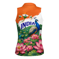 India 80th Independence Day Women Sleeveless Polo Shirt India Gate Peacock Lotus Heritage Landmarks