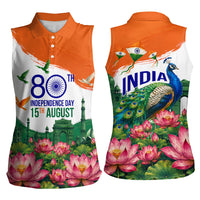 India 80th Independence Day Women Sleeveless Polo Shirt India Gate Peacock Lotus Heritage Landmarks