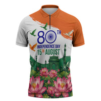 India 80th Independence Day Zipper Polo Shirt India Gate Peacock Lotus Heritage Landmarks
