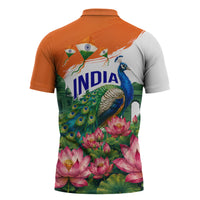 India 80th Independence Day Zipper Polo Shirt India Gate Peacock Lotus Heritage Landmarks