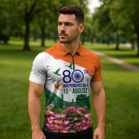 India 80th Independence Day Zipper Polo Shirt India Gate Peacock Lotus Heritage Landmarks