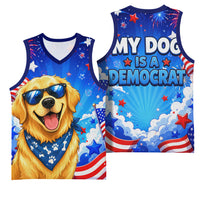 My Dog Is A Democrat Golden Retriever Basketball Jersey Patriotic American Fireworks Cute Cartoon Dog