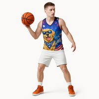 My Dog Is A Democrat Golden Retriever Basketball Jersey Patriotic American Fireworks Cute Cartoon Dog