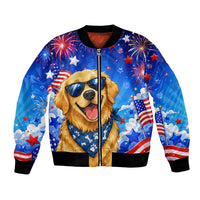 My Dog Is A Democrat Golden Retriever Bomber Jacket Patriotic American Fireworks Cute Cartoon Dog