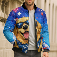 My Dog Is A Democrat Golden Retriever Bomber Puffer Jacket Patriotic American Fireworks Cute Cartoon Dog