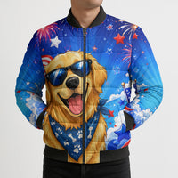 My Dog Is A Democrat Golden Retriever Bomber Puffer Jacket Patriotic American Fireworks Cute Cartoon Dog