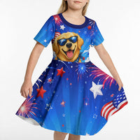 My Dog Is A Democrat Golden Retriever Kid Short Sleeve Dress Patriotic American Fireworks Cute Cartoon Dog