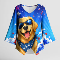 My Dog Is A Democrat Golden Retriever Kimono Sleeve Blouse Patriotic American Fireworks Cute Cartoon Dog
