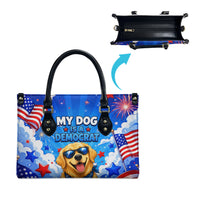 My Dog Is A Democrat Golden Retriever Leather Bag Patriotic American Fireworks Cute Cartoon Dog