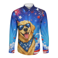 My Dog Is A Democrat Golden Retriever Long Sleeve Button Shirt Patriotic American Fireworks Cute Cartoon Dog