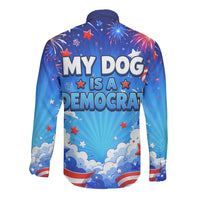 My Dog Is A Democrat Golden Retriever Long Sleeve Button Shirt Patriotic American Fireworks Cute Cartoon Dog