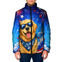 My Dog Is A Democrat Golden Retriever Padded Jacket Patriotic American Fireworks Cute Cartoon Dog