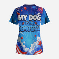 My Dog Is A Democrat Golden Retriever Scrub Top Patriotic American Fireworks Cute Cartoon Dog