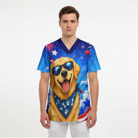 My Dog Is A Democrat Golden Retriever Scrub Top Patriotic American Fireworks Cute Cartoon Dog