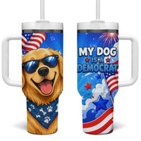 My Dog Is A Democrat Golden Retriever Tumbler With Handle Patriotic American Fireworks Cute Cartoon Dog