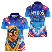My Dog Is A Democrat Golden Retriever Women Polo Shirt Patriotic American Fireworks Cute Cartoon Dog