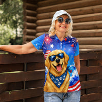 My Dog Is A Democrat Golden Retriever Women Polo Shirt Patriotic American Fireworks Cute Cartoon Dog