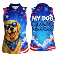 My Dog Is A Democrat Golden Retriever Women Sleeveless Polo Shirt Patriotic American Fireworks Cute Cartoon Dog