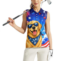 My Dog Is A Democrat Golden Retriever Women Sleeveless Polo Shirt Patriotic American Fireworks Cute Cartoon Dog