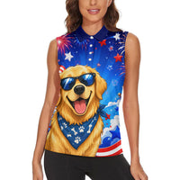 My Dog Is A Democrat Golden Retriever Women Sleeveless Polo Shirt Patriotic American Fireworks Cute Cartoon Dog