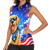 My Dog Is A Democrat Golden Retriever Women Sleeveless Polo Shirt Patriotic American Fireworks Cute Cartoon Dog