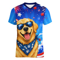 My Dog Is A Democrat Golden Retriever Women V-Neck T-Shirt Patriotic American Fireworks Cute Cartoon Dog