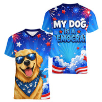 My Dog Is A Democrat Golden Retriever Women V-Neck T-Shirt Patriotic American Fireworks Cute Cartoon Dog