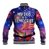 Golden Retriever My Dog Is A Democrat Baseball Jacket Patriotic Statue Of Liberty Fireworks