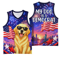 Golden Retriever My Dog Is A Democrat Basketball Jersey Patriotic Statue Of Liberty Fireworks