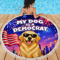 Golden Retriever My Dog Is A Democrat Beach Blanket Patriotic Statue Of Liberty Fireworks