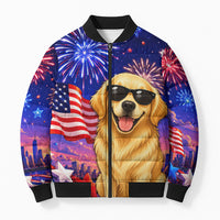 Golden Retriever My Dog Is A Democrat Bomber Puffer Jacket Patriotic Statue Of Liberty Fireworks