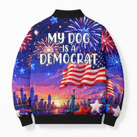 Golden Retriever My Dog Is A Democrat Bomber Puffer Jacket Patriotic Statue Of Liberty Fireworks