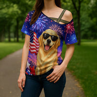 Golden Retriever My Dog Is A Democrat Cross Shoulder Shirt Patriotic Statue Of Liberty Fireworks