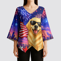 Golden Retriever My Dog Is A Democrat Kimono Sleeve Blouse Patriotic Statue Of Liberty Fireworks