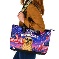 Golden Retriever My Dog Is A Democrat Leather Tote Bag Patriotic Statue Of Liberty Fireworks