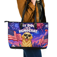 Golden Retriever My Dog Is A Democrat Leather Tote Bag Patriotic Statue Of Liberty Fireworks