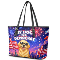Golden Retriever My Dog Is A Democrat Leather Tote Bag Patriotic Statue Of Liberty Fireworks