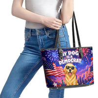 Golden Retriever My Dog Is A Democrat Leather Tote Bag Patriotic Statue Of Liberty Fireworks