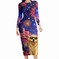 Golden Retriever My Dog Is A Democrat Long Sleeve Bodycon Dress Patriotic Statue Of Liberty Fireworks