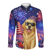 Golden Retriever My Dog Is A Democrat Long Sleeve Button Shirt Patriotic Statue Of Liberty Fireworks
