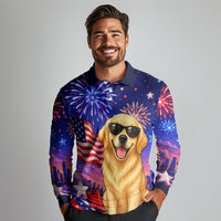 Golden Retriever My Dog Is A Democrat Long Sleeve Polo Shirt Patriotic Statue Of Liberty Fireworks