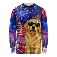 Golden Retriever My Dog Is A Democrat Long Sleeve Shirt Patriotic Statue Of Liberty Fireworks