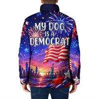 Golden Retriever My Dog Is A Democrat Padded Jacket Patriotic Statue Of Liberty Fireworks